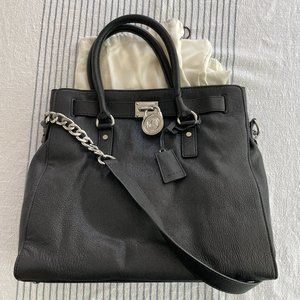 Michael Kors Hamilton Large Leather Shoulder Tote Bag Black Silver Hardware